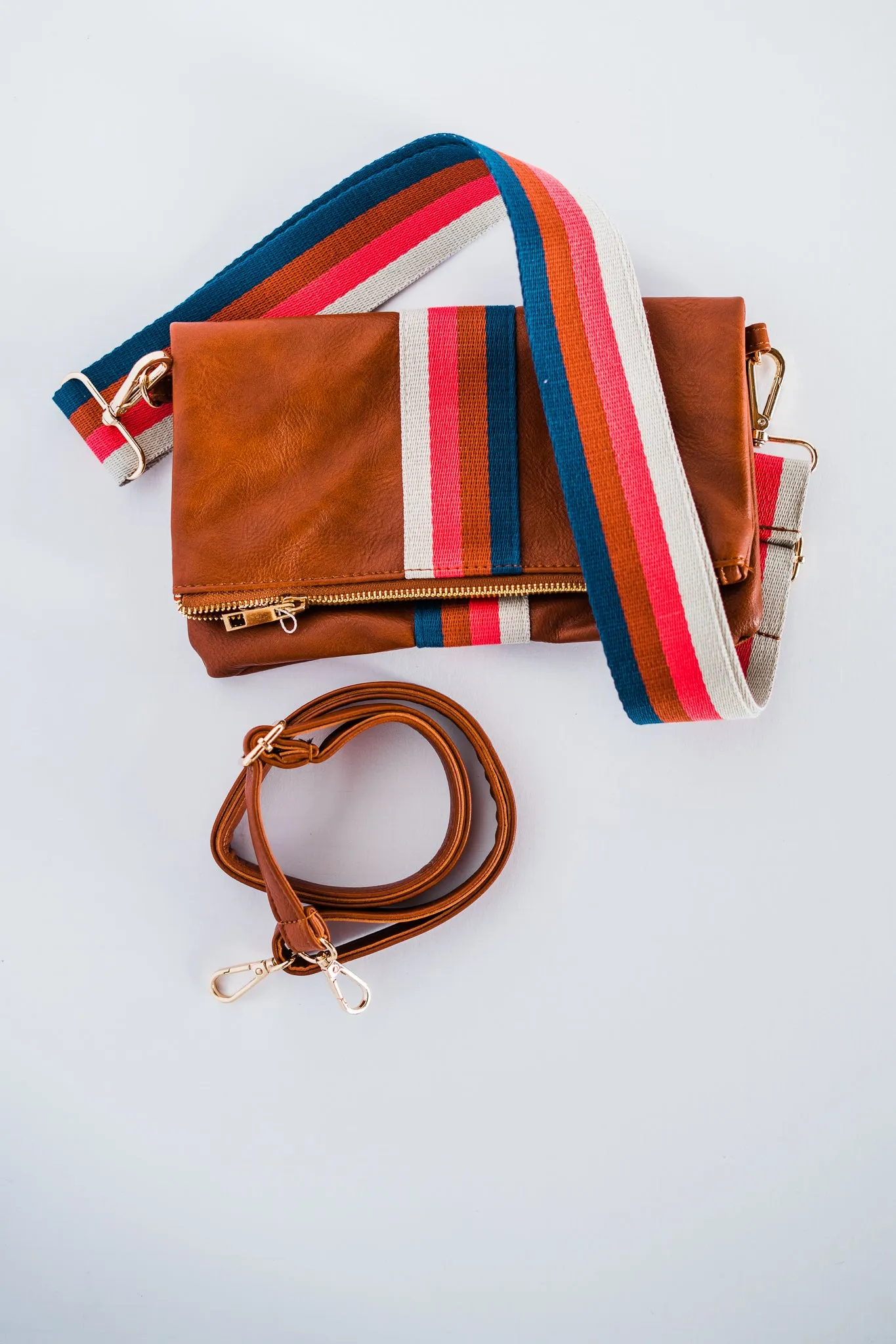 Cognac   Multi Stripe Vegan Crossbody, Belt Bag   Clutch