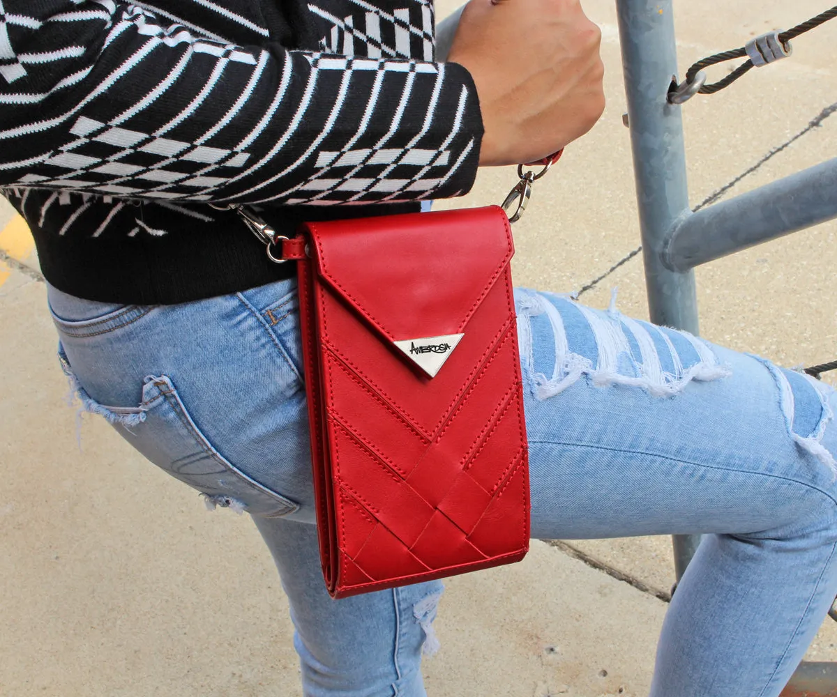 Criss-Cross Genuine Leather Lipstick Red Crossbody Handbag