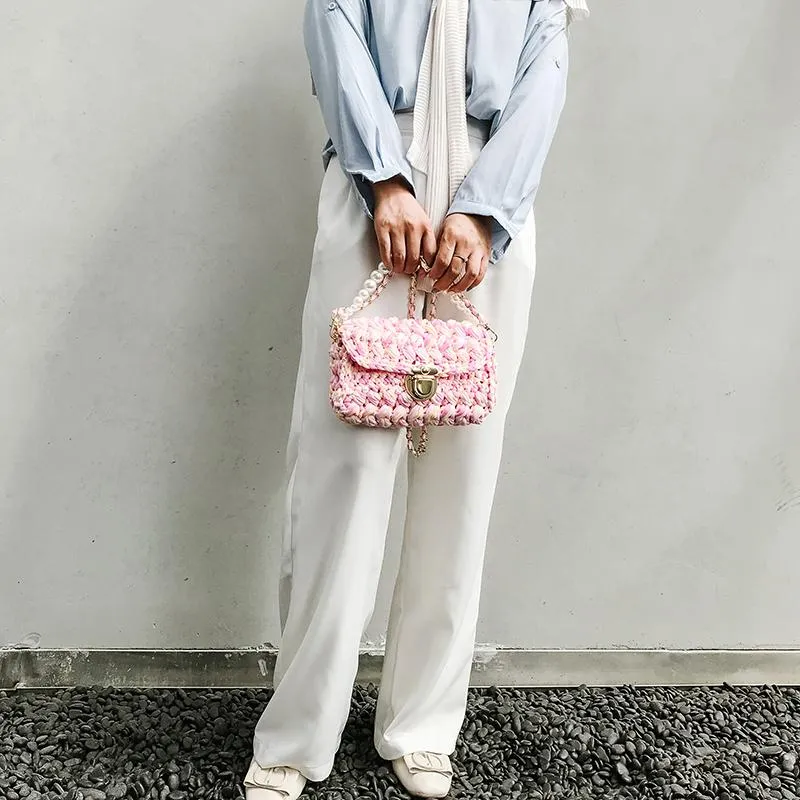 Cute Blue&White Crochet Small Handbag Crossbody Purse Crochet Shoulder Bag for Girl Cute Crochet Purses