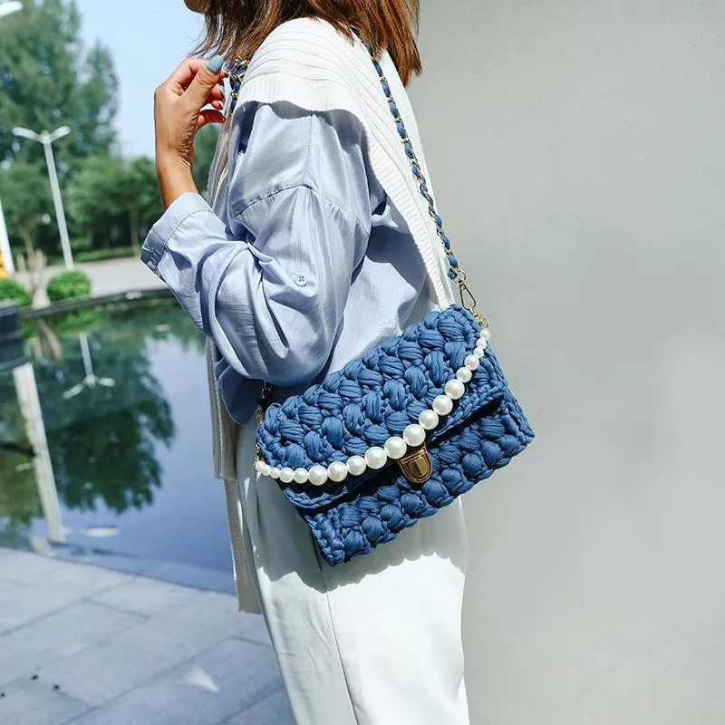 Cute Blue&White Crochet Small Handbag Crossbody Purse Crochet Shoulder Bag for Girl Cute Crochet Purses