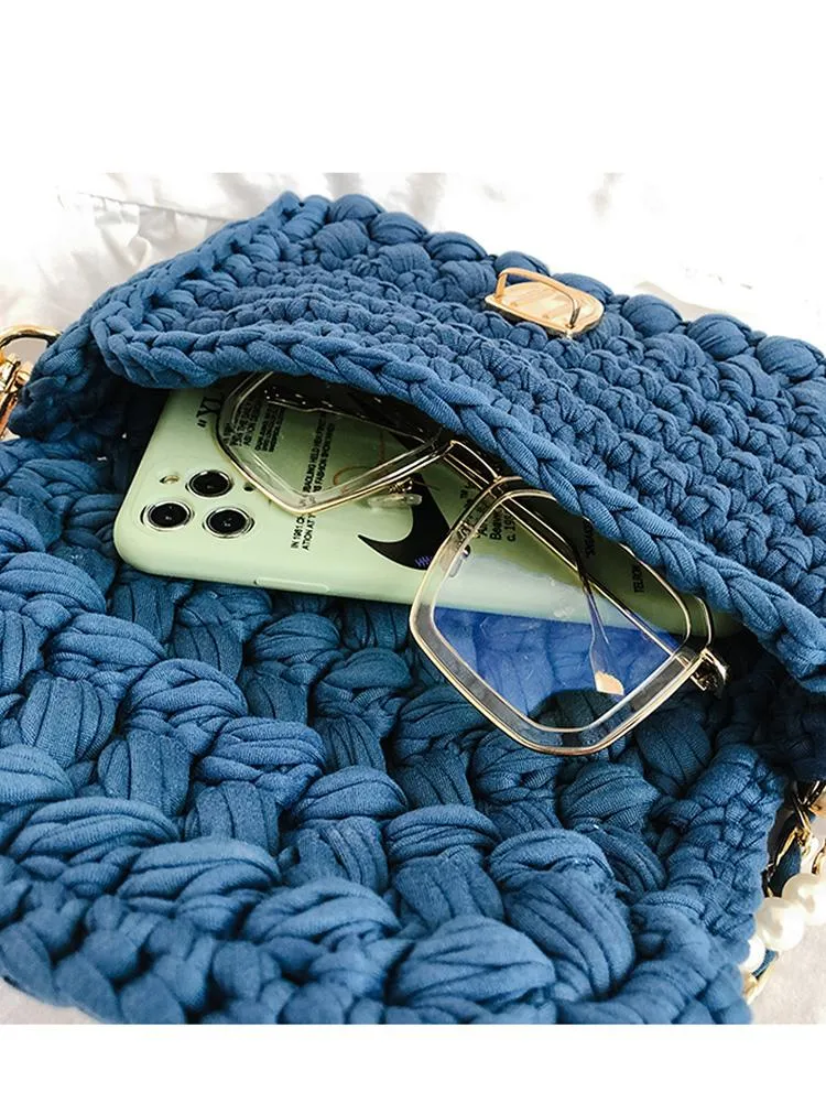 Cute Blue&White Crochet Small Handbag Crossbody Purse Crochet Shoulder Bag for Girl Cute Crochet Purses