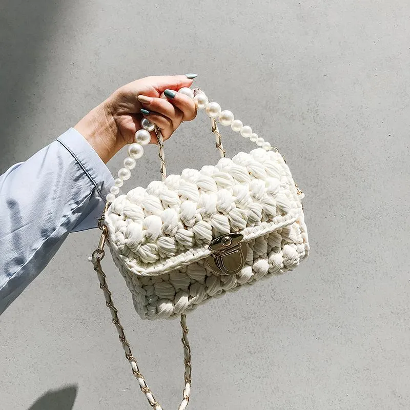 Cute Blue&White Crochet Small Handbag Crossbody Purse Crochet Shoulder Bag for Girl Cute Crochet Purses