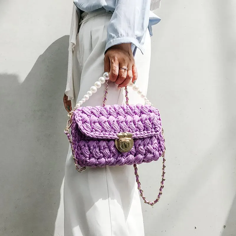 Cute Blue&White Crochet Small Handbag Crossbody Purse Crochet Shoulder Bag for Girl Cute Crochet Purses