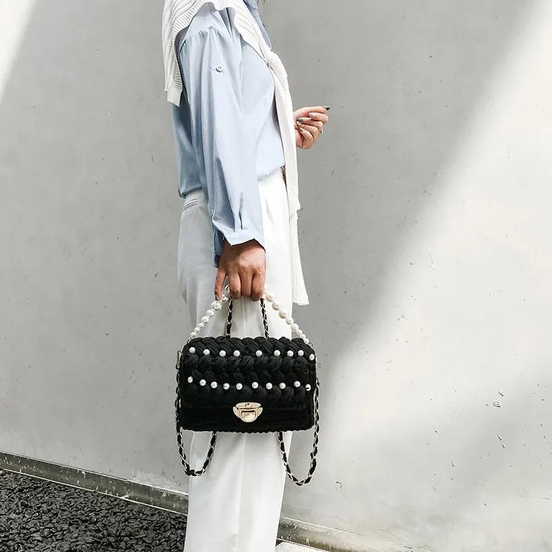 Cute Blue&White Crochet Small Handbag Crossbody Purse Crochet Shoulder Bag for Girl Cute Crochet Purses
