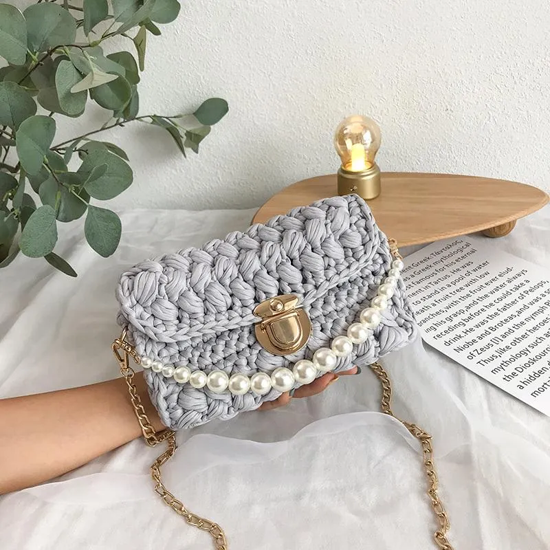 Cute Blue&White Crochet Small Handbag Crossbody Purse Crochet Shoulder Bag for Girl Cute Crochet Purses