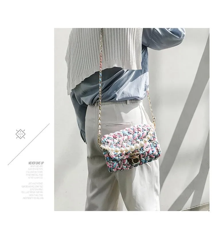 Cute Blue&White Crochet Small Handbag Crossbody Purse Crochet Shoulder Bag for Girl Cute Crochet Purses