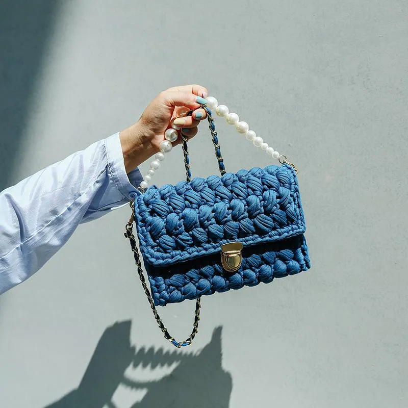 Cute Blue&White Crochet Small Handbag Crossbody Purse Crochet Shoulder Bag for Girl Cute Crochet Purses