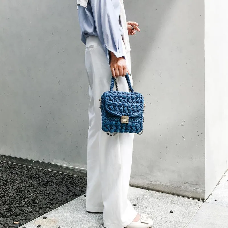 Cute Blue&White Crochet Small Handbag Crossbody Purse Crochet Shoulder Bag for Girl Cute Crochet Purses