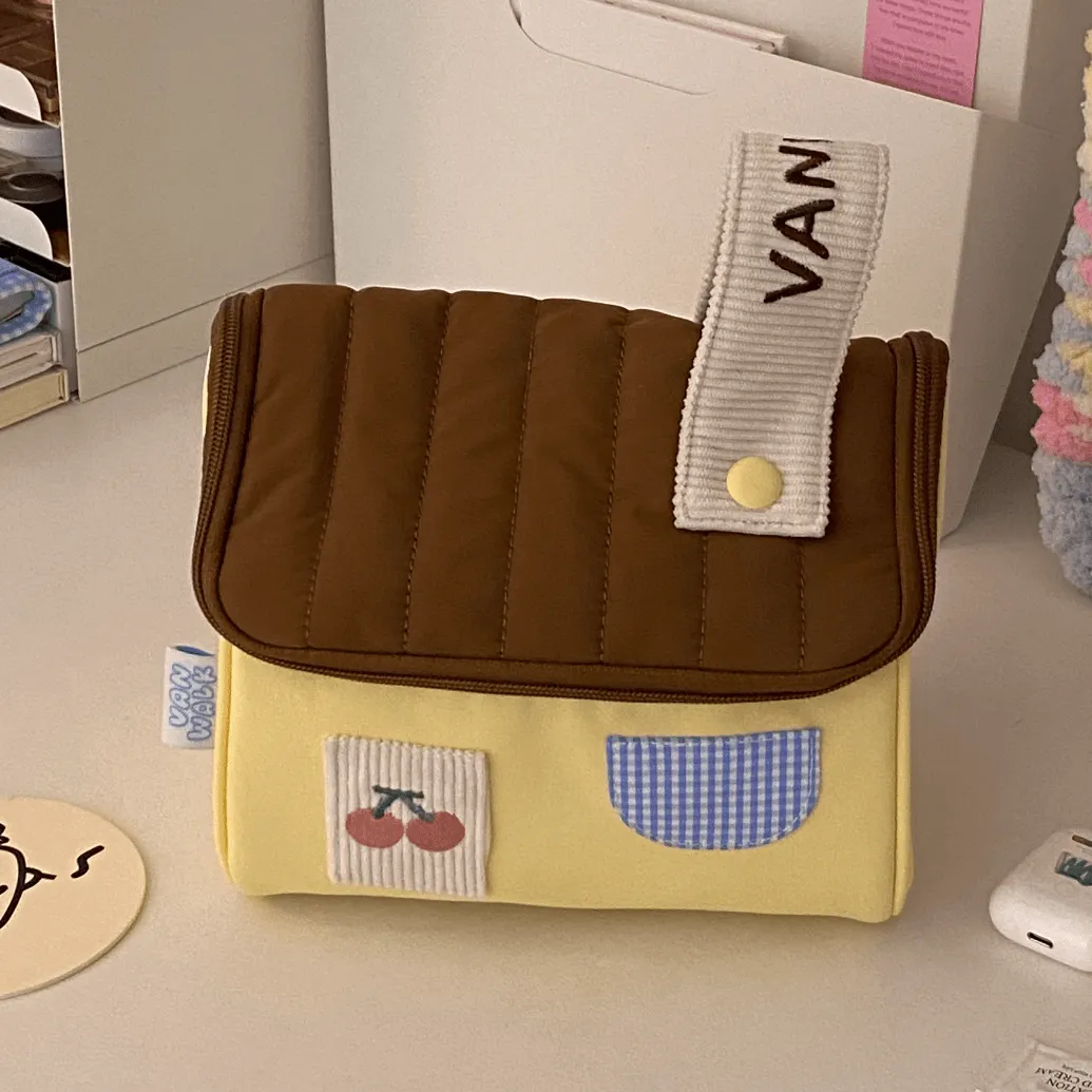 Cute Embroidery House Multi-Layer Makeup Bag Portable Travel Large Capacity Storage Bag