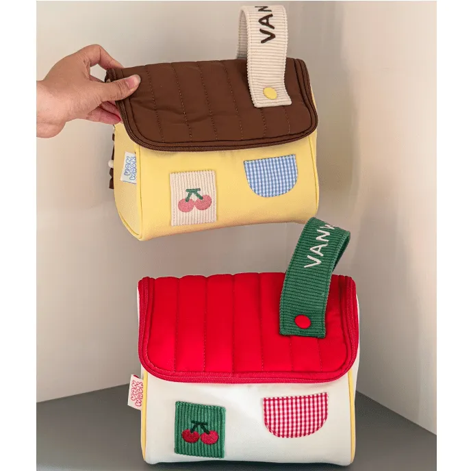 Cute Embroidery House Multi-Layer Makeup Bag Portable Travel Large Capacity Storage Bag