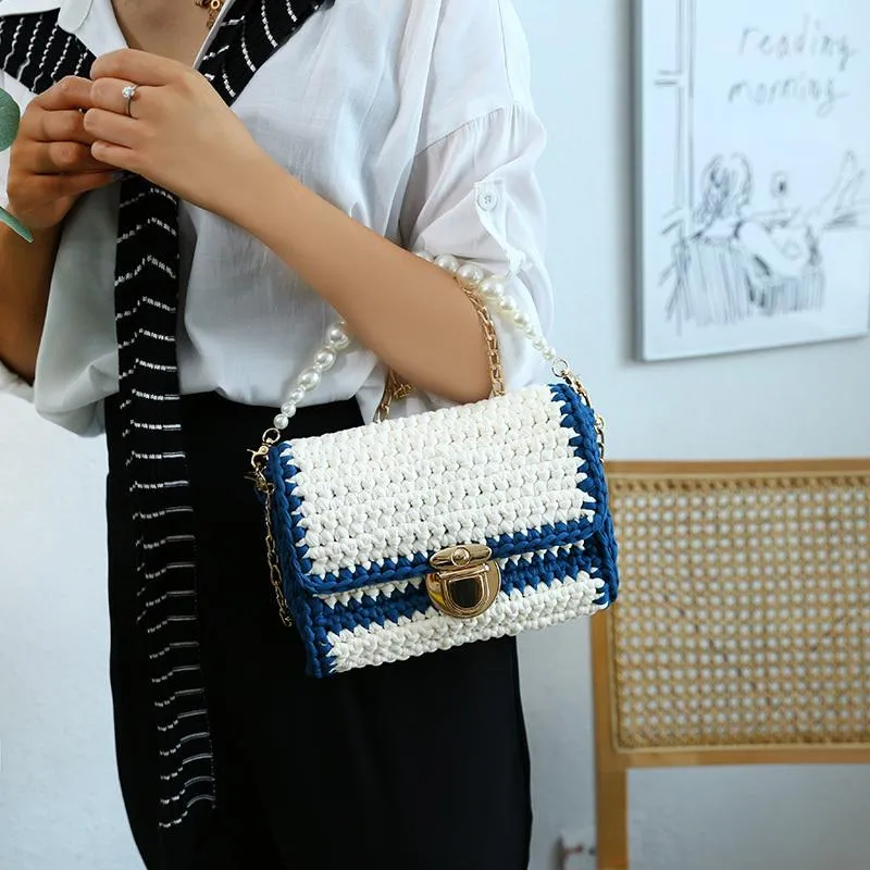 Cute Pink&Yellow&White(Square) Crochet Small Handbag Crossbody Purse Crochet Shoulder Bag for Girl Cute Crochet Purses
