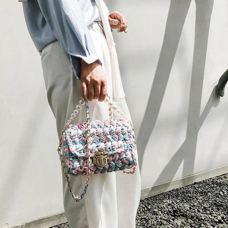 Cute Pink&Yellow&White(Square) Crochet Small Handbag Crossbody Purse Crochet Shoulder Bag for Girl Cute Crochet Purses