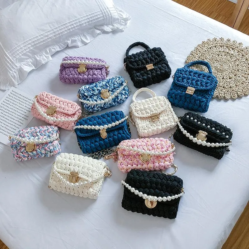 Cute Pink&Yellow&White(Square) Crochet Small Handbag Crossbody Purse Crochet Shoulder Bag for Girl Cute Crochet Purses