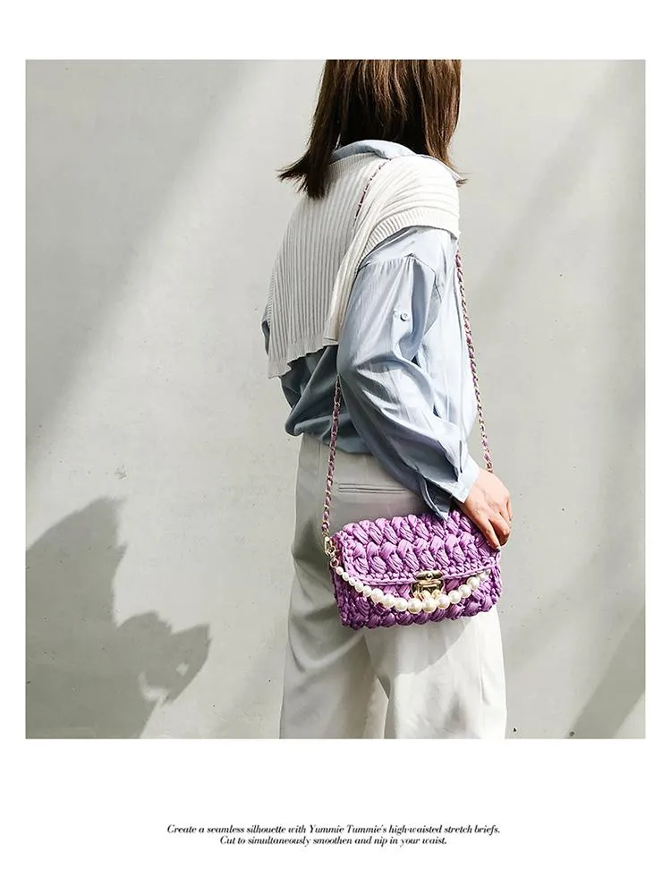 Cute Pink&Yellow&White(Square) Crochet Small Handbag Crossbody Purse Crochet Shoulder Bag for Girl Cute Crochet Purses