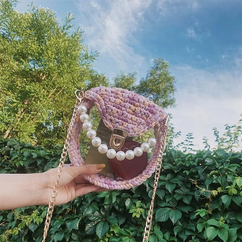 Cute Round Black(Flap) Crochet Crossbody Purse PMMA Crochet Shoulder Round Handbag for Girl Circle Crochet Crossbody Purses