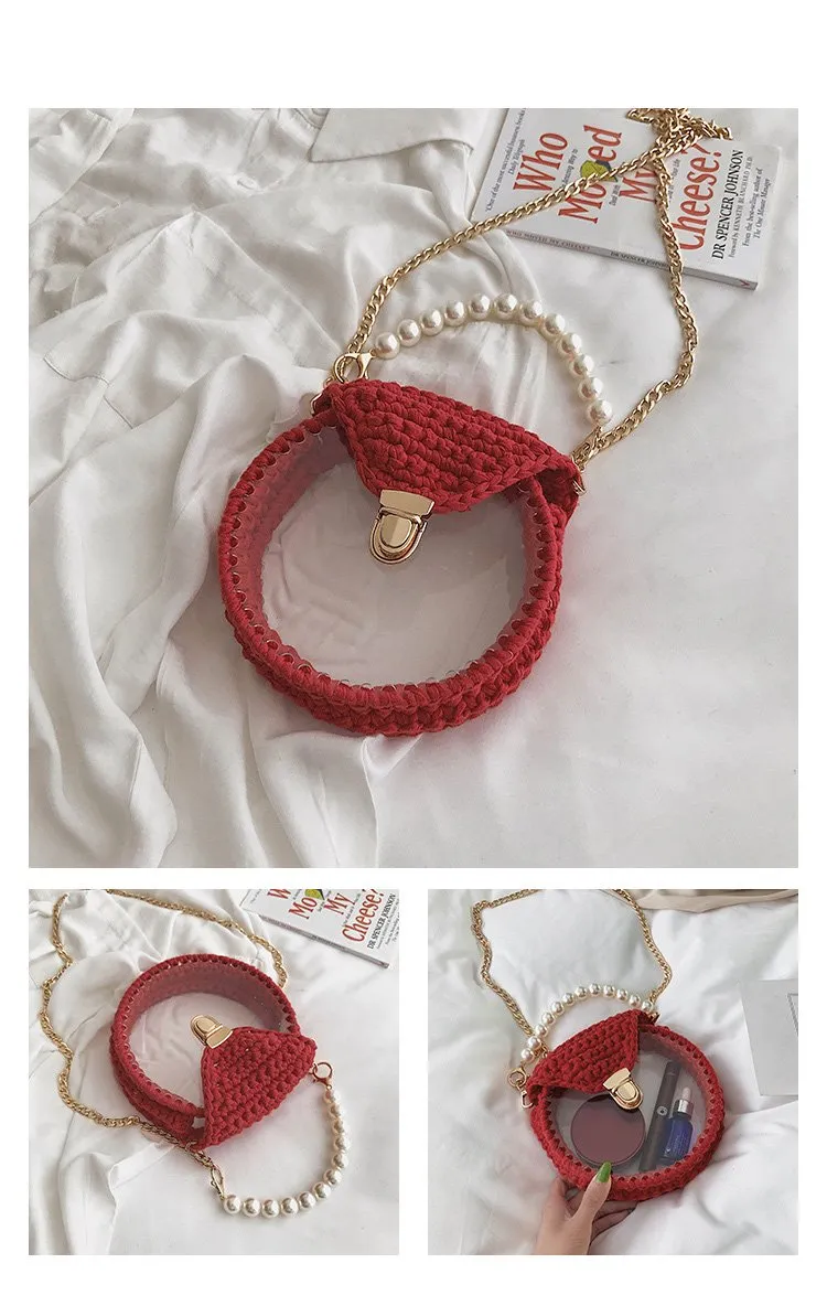 Cute Round Black(Flap) Crochet Crossbody Purse PMMA Crochet Shoulder Round Handbag for Girl Circle Crochet Crossbody Purses