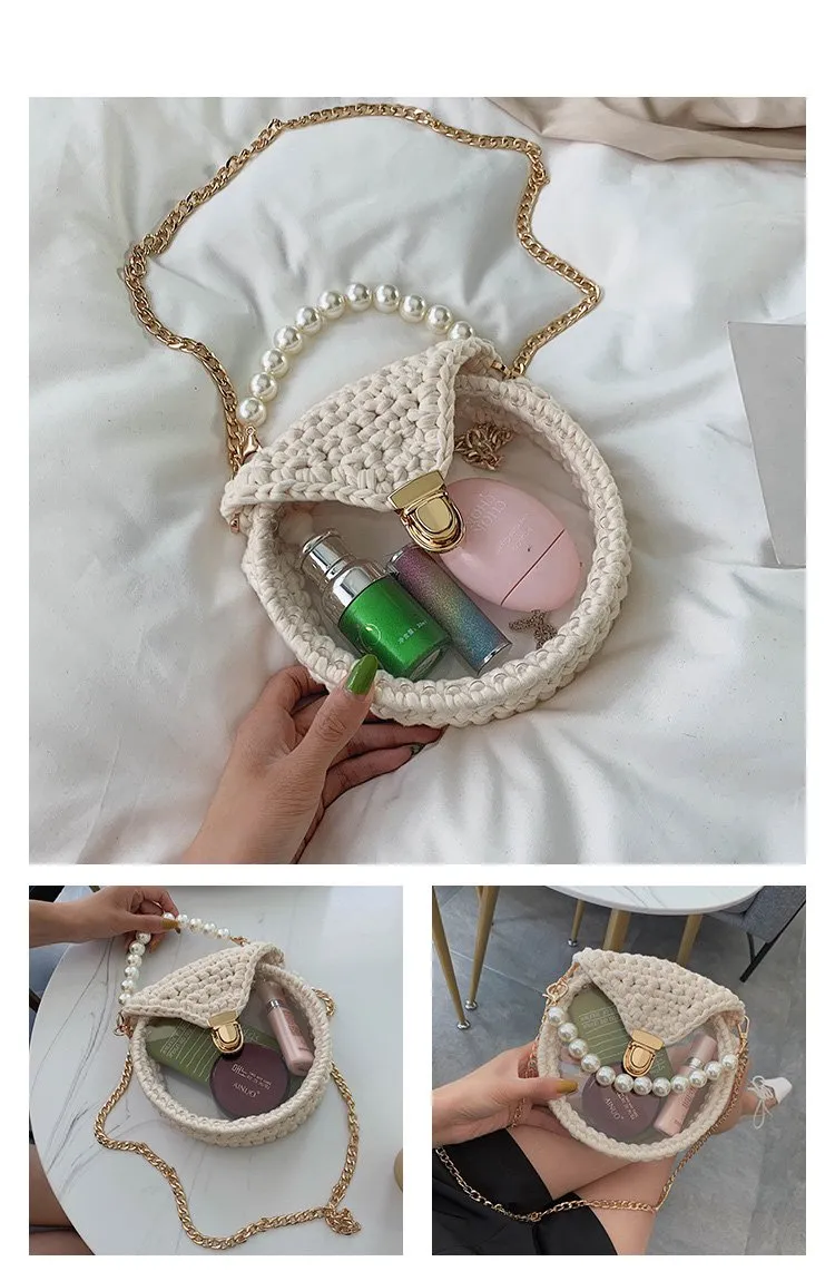 Cute Round Black(Flap) Crochet Crossbody Purse PMMA Crochet Shoulder Round Handbag for Girl Circle Crochet Crossbody Purses