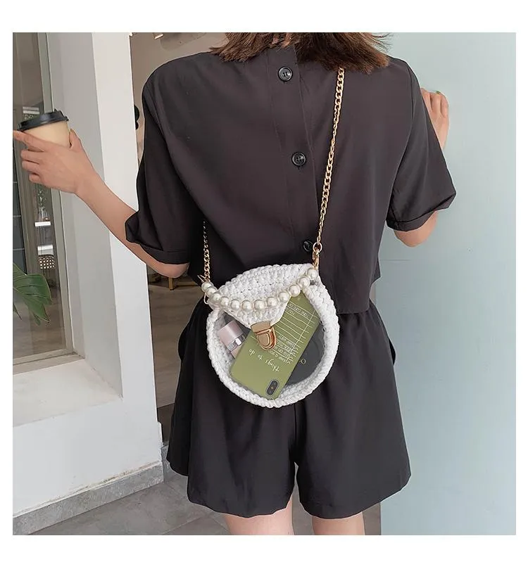 Cute Round Black(Flap) Crochet Crossbody Purse PMMA Crochet Shoulder Round Handbag for Girl Circle Crochet Crossbody Purses
