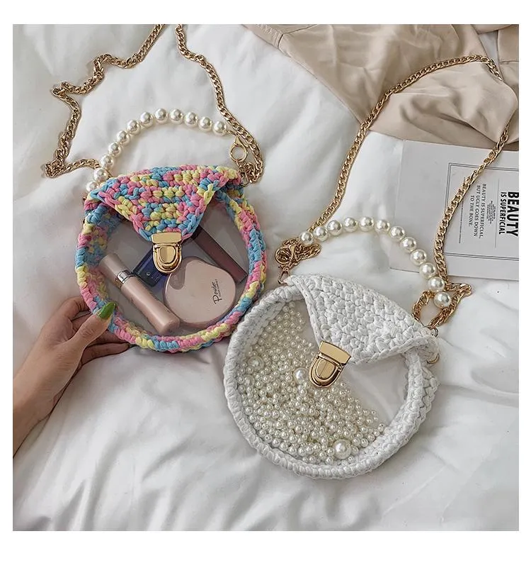 Cute Round Black(Flap) Crochet Crossbody Purse PMMA Crochet Shoulder Round Handbag for Girl Circle Crochet Crossbody Purses