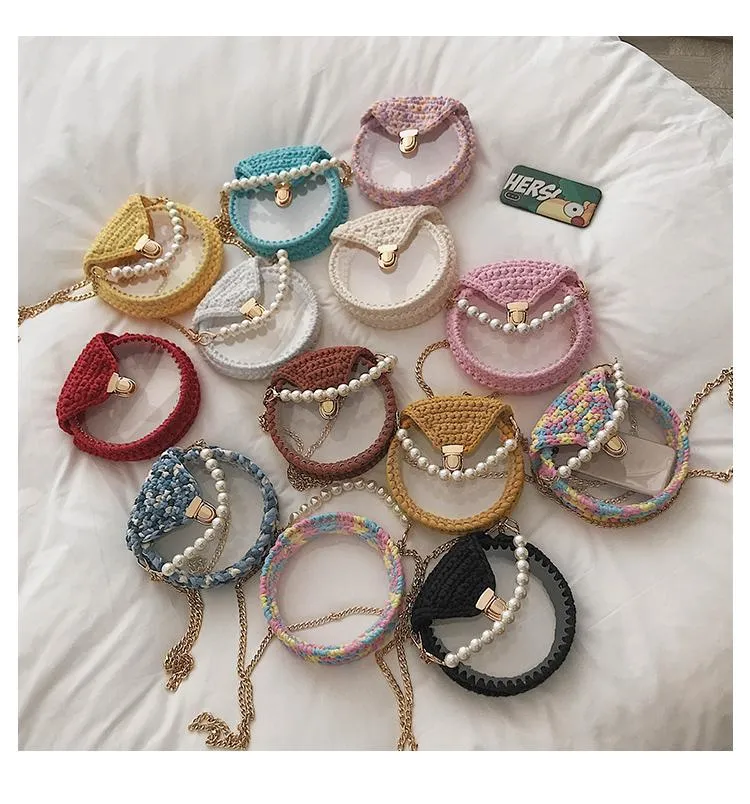 Cute Round Black(Flap) Crochet Crossbody Purse PMMA Crochet Shoulder Round Handbag for Girl Circle Crochet Crossbody Purses