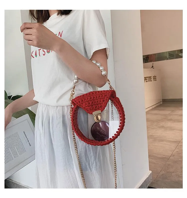 Cute Round Black(Flap) Crochet Crossbody Purse PMMA Crochet Shoulder Round Handbag for Girl Circle Crochet Crossbody Purses