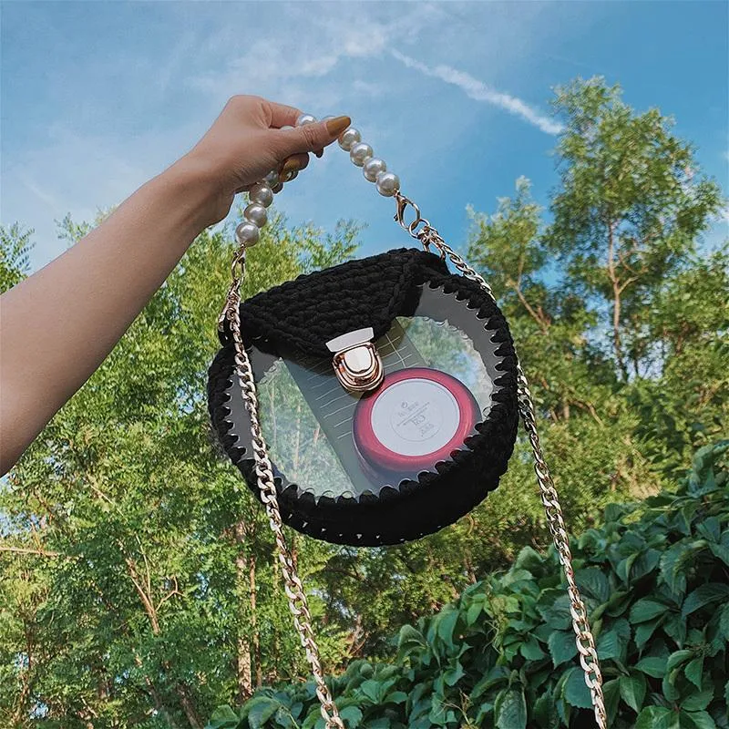 Cute Round Black(Flap) Crochet Crossbody Purse PMMA Crochet Shoulder Round Handbag for Girl Circle Crochet Crossbody Purses