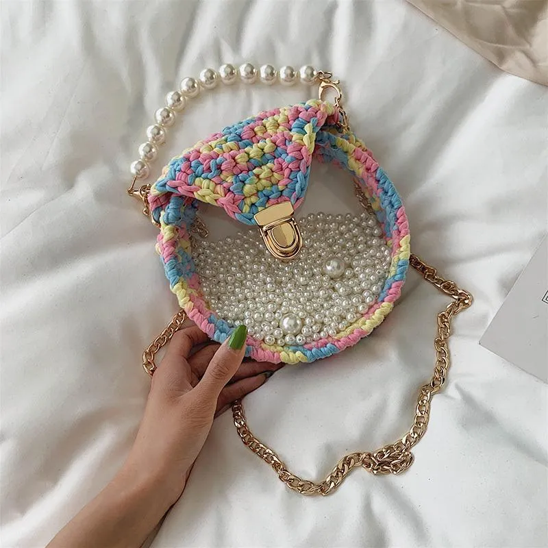 Cute Round Black(Flap) Crochet Crossbody Purse PMMA Crochet Shoulder Round Handbag for Girl Circle Crochet Crossbody Purses