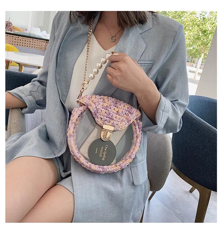Cute Round Black(Flap) Crochet Crossbody Purse PMMA Crochet Shoulder Round Handbag for Girl Circle Crochet Crossbody Purses