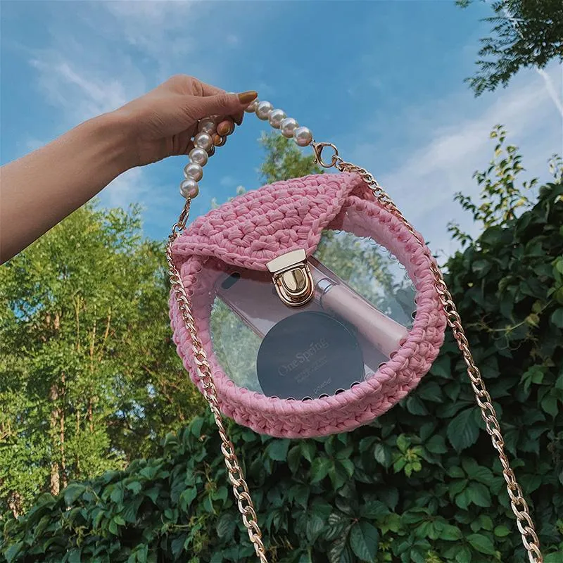 Cute Round Black(Flap) Crochet Crossbody Purse PMMA Crochet Shoulder Round Handbag for Girl Circle Crochet Crossbody Purses