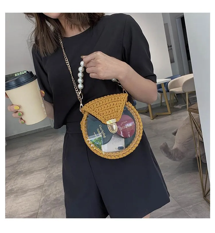 Cute Round Black(Flap) Crochet Crossbody Purse PMMA Crochet Shoulder Round Handbag for Girl Circle Crochet Crossbody Purses