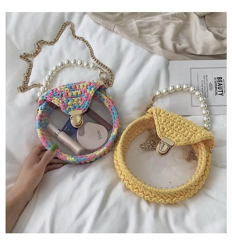 Cute Round Black(Flap) Crochet Crossbody Purse PMMA Crochet Shoulder Round Handbag for Girl Circle Crochet Crossbody Purses