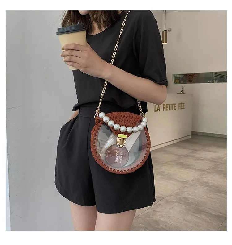 Cute Round Black(Flap) Crochet Crossbody Purse PMMA Crochet Shoulder Round Handbag for Girl Circle Crochet Crossbody Purses