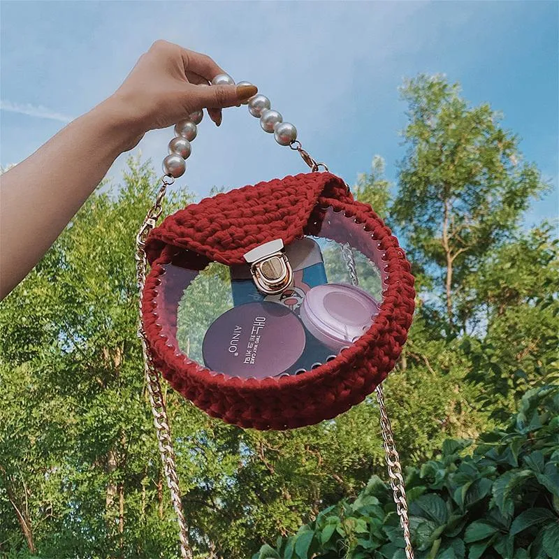 Cute Round Black(Flap) Crochet Crossbody Purse PMMA Crochet Shoulder Round Handbag for Girl Circle Crochet Crossbody Purses