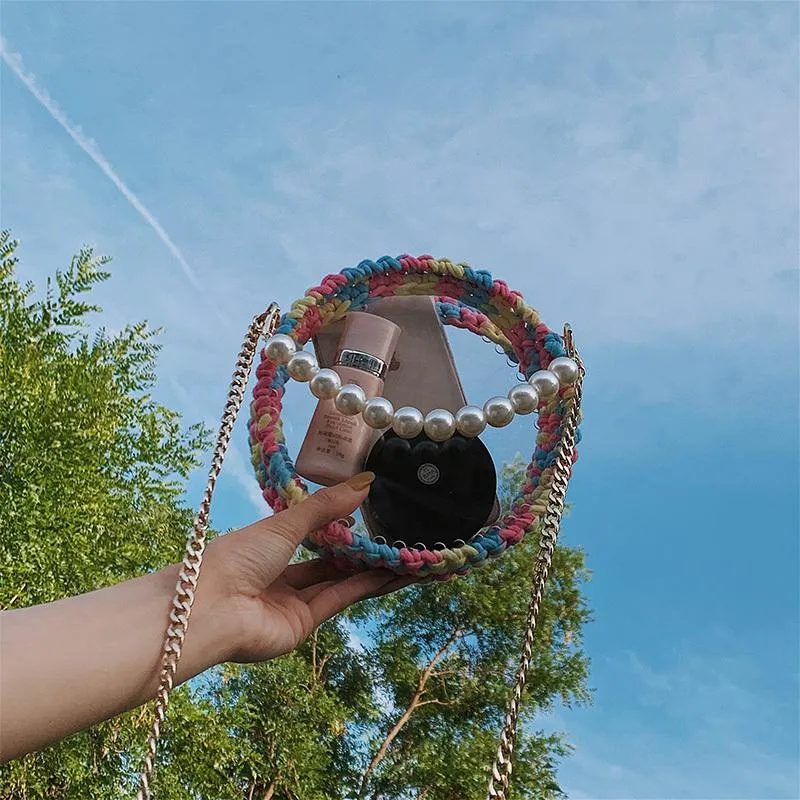 Cute Round Black(Flap) Crochet Crossbody Purse PMMA Crochet Shoulder Round Handbag for Girl Circle Crochet Crossbody Purses