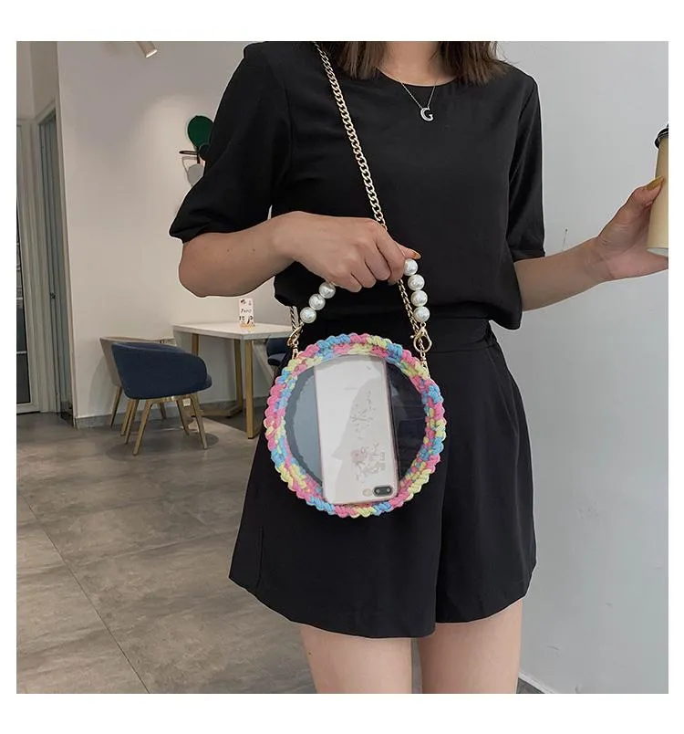 Cute Round Black(Flap) Crochet Crossbody Purse PMMA Crochet Shoulder Round Handbag for Girl Circle Crochet Crossbody Purses