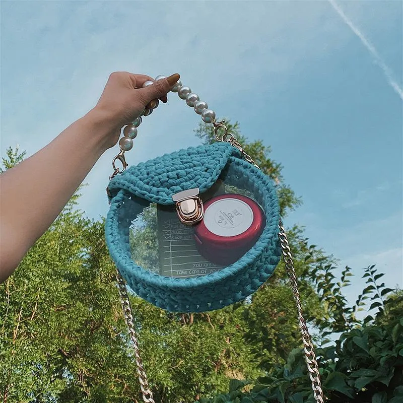 Cute Round Black(Flap) Crochet Crossbody Purse PMMA Crochet Shoulder Round Handbag for Girl Circle Crochet Crossbody Purses