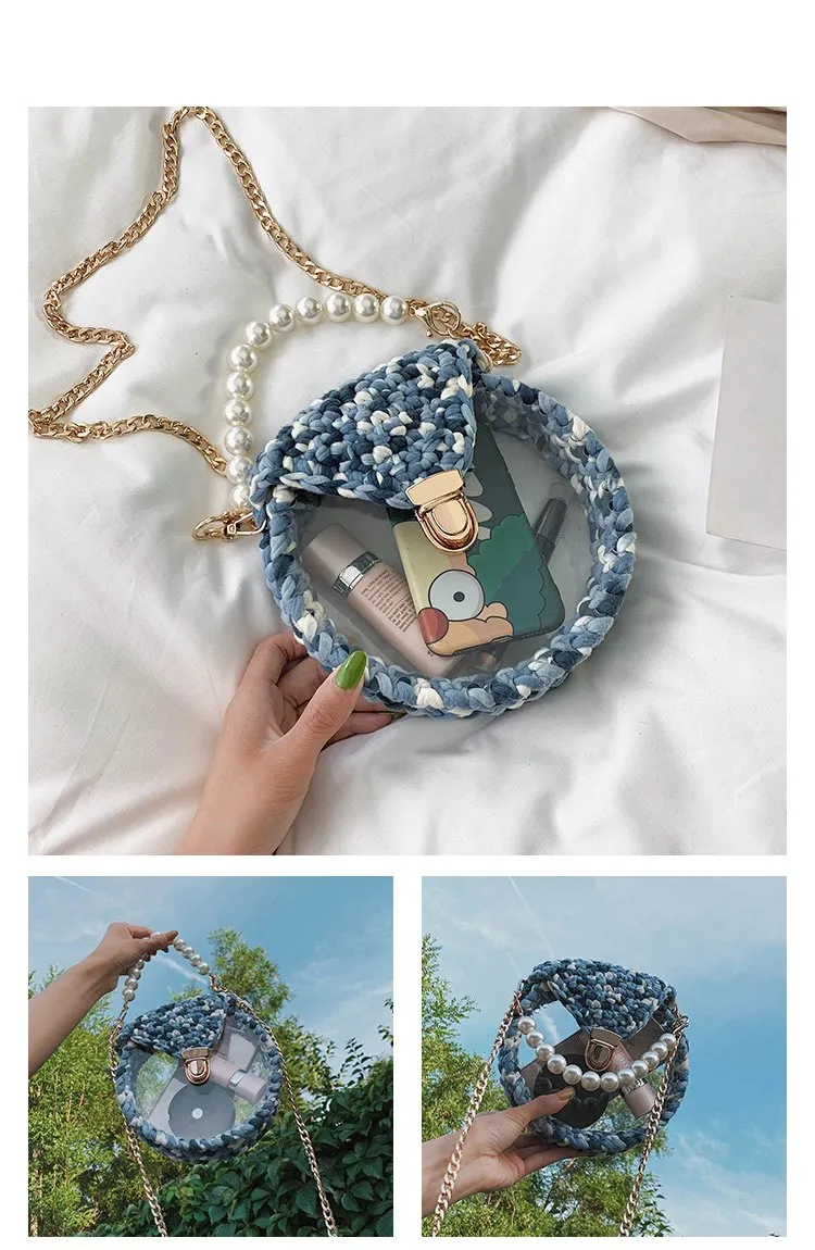 Cute Round Black(Flap) Crochet Crossbody Purse PMMA Crochet Shoulder Round Handbag for Girl Circle Crochet Crossbody Purses