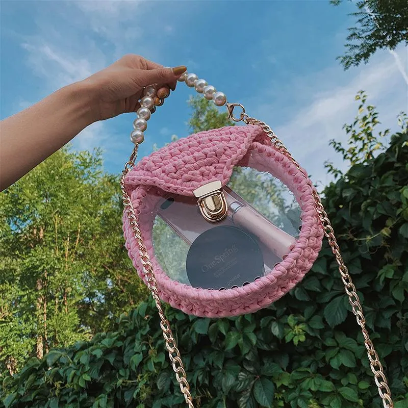 Cute Round Black(Flap) Crochet Crossbody Purse PMMA Crochet Shoulder Round Handbag for Girl Circle Crochet Crossbody Purses