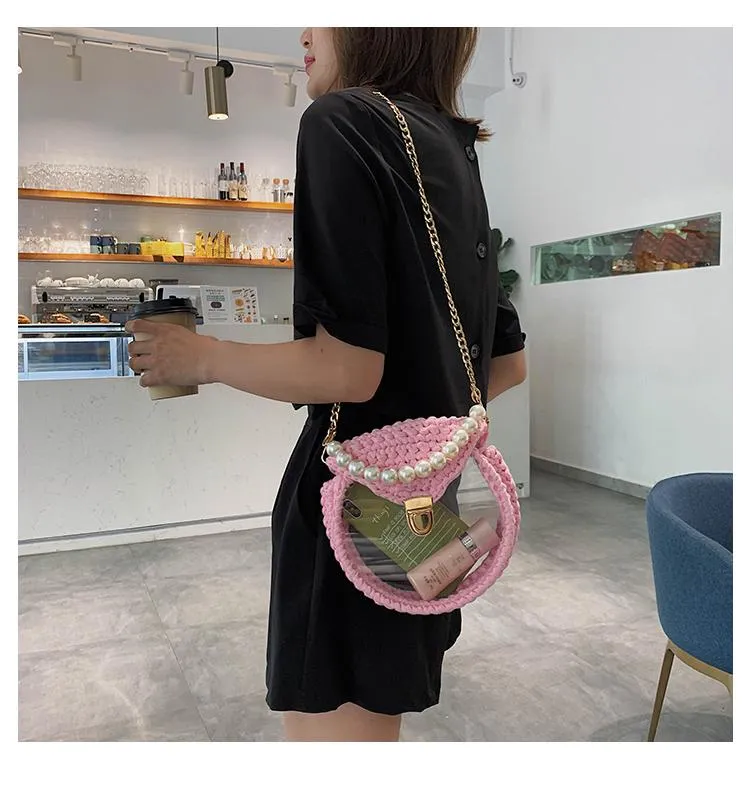 Cute Round Black(Flap) Crochet Crossbody Purse PMMA Crochet Shoulder Round Handbag for Girl Circle Crochet Crossbody Purses