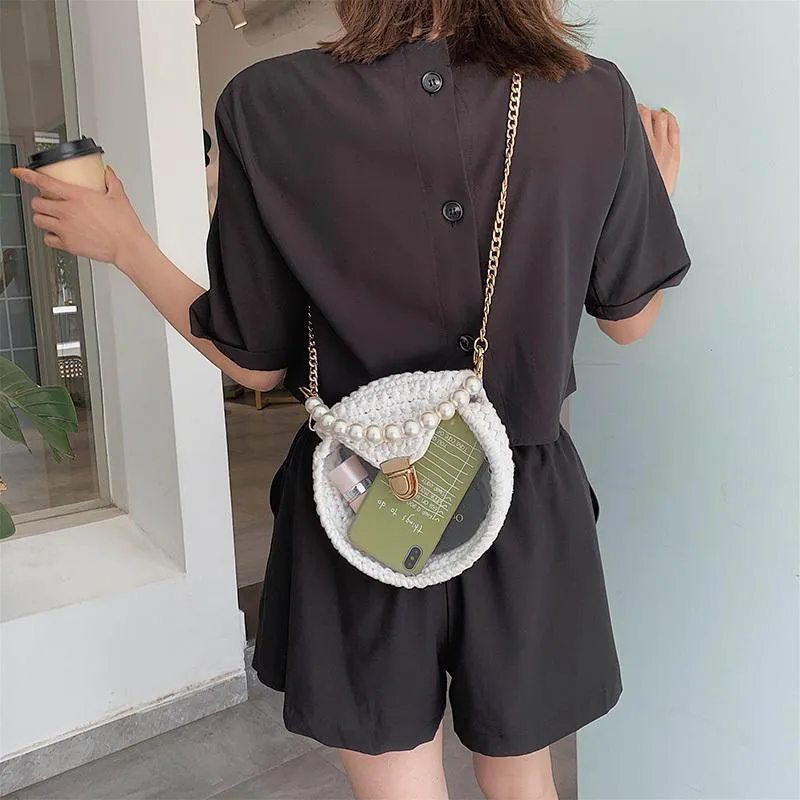 Cute Round Black(Flap) Crochet Crossbody Purse PMMA Crochet Shoulder Round Handbag for Girl Circle Crochet Crossbody Purses