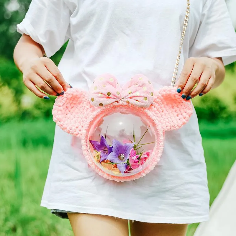 Cute White with Bow Crochet Mouse Pink Backpack Mouse Crochet Shoulder Bag for Girl Pink Mouse Crochet Crossbody Purse
