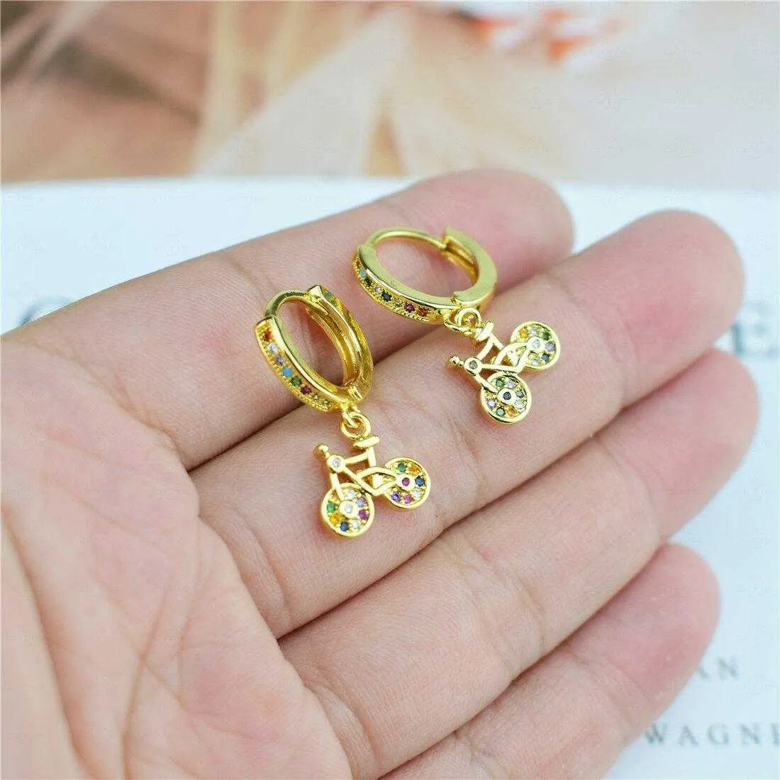 Cycolinks Gold Plating 18K Cubic Zircon Bicycle Earrings
