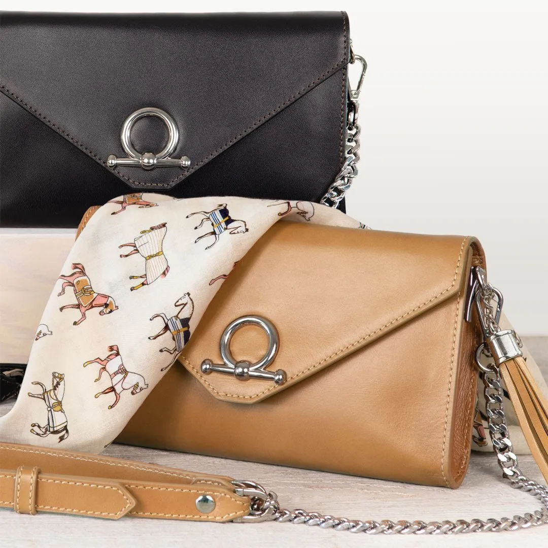 Del Mar - Horse Bit Crossbody Bag in Caramel Italian Leather with Nickel Hardware Featuring Custom Horse Bit Lock