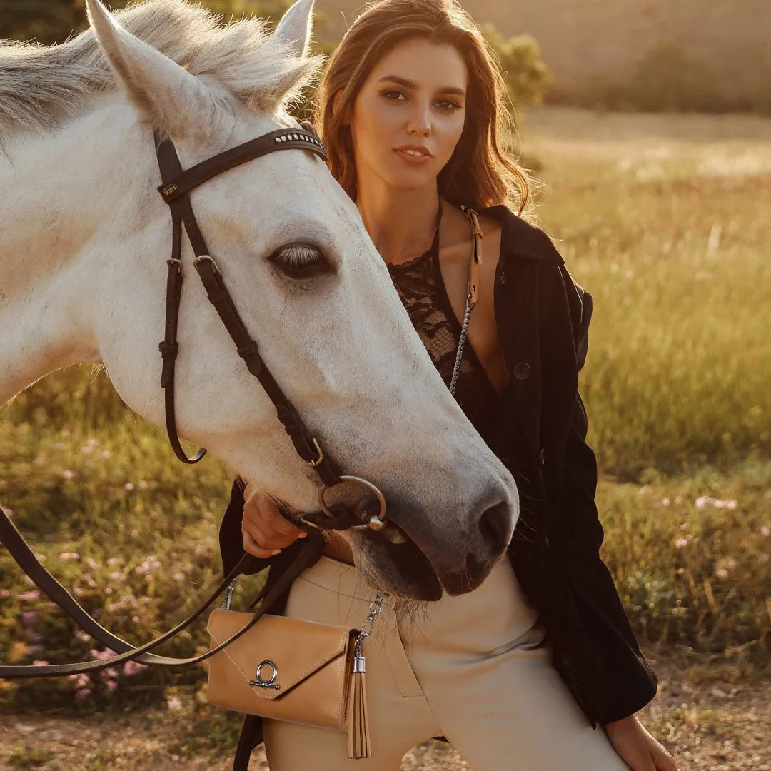 Del Mar - Horse Bit Crossbody Bag in Caramel Italian Leather with Nickel Hardware Featuring Custom Horse Bit Lock