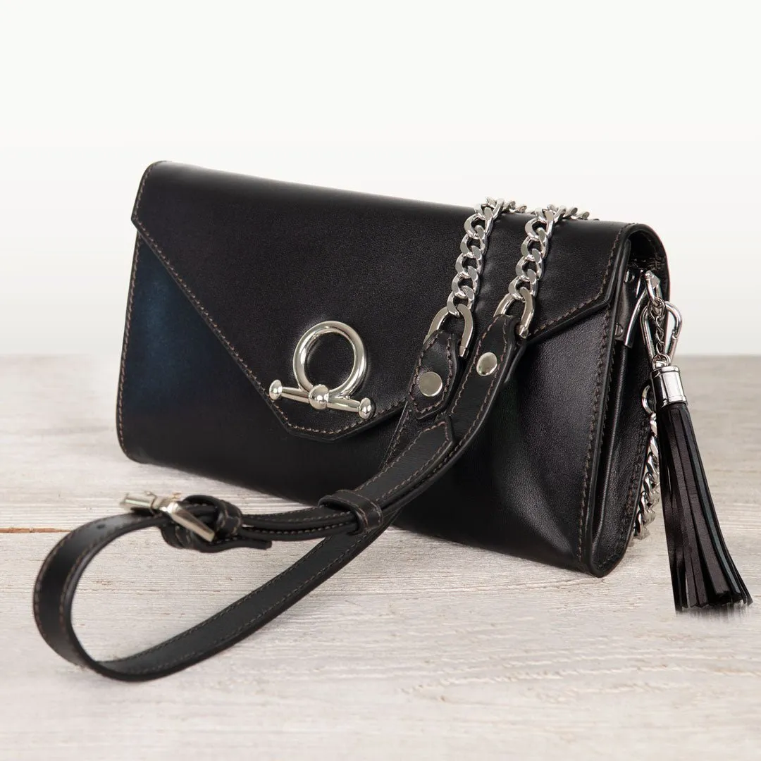 Del Mar - Horse Bit Crossbody Bag in Caramel Italian Leather with Nickel Hardware Featuring Custom Horse Bit Lock