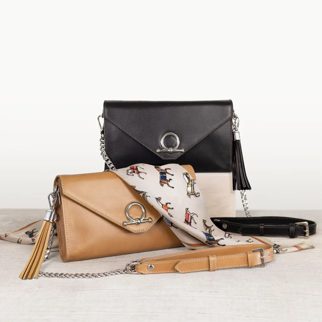 Del Mar - Horse Bit Crossbody Bag in Caramel Italian Leather with Nickel Hardware Featuring Custom Horse Bit Lock