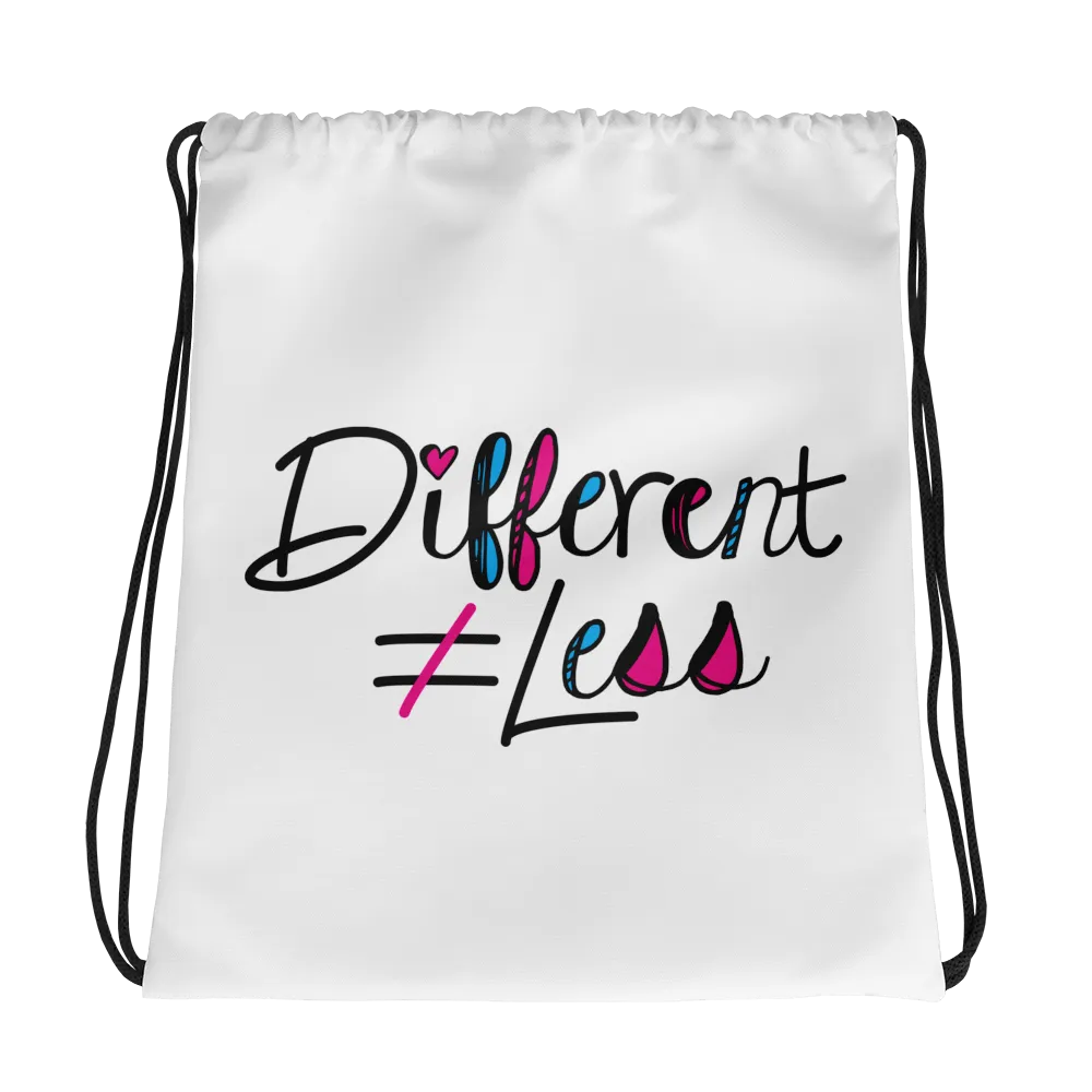 Different Does Not Equal Less (As Seen on Netflix's Raising Dion) White Drawstring Bag