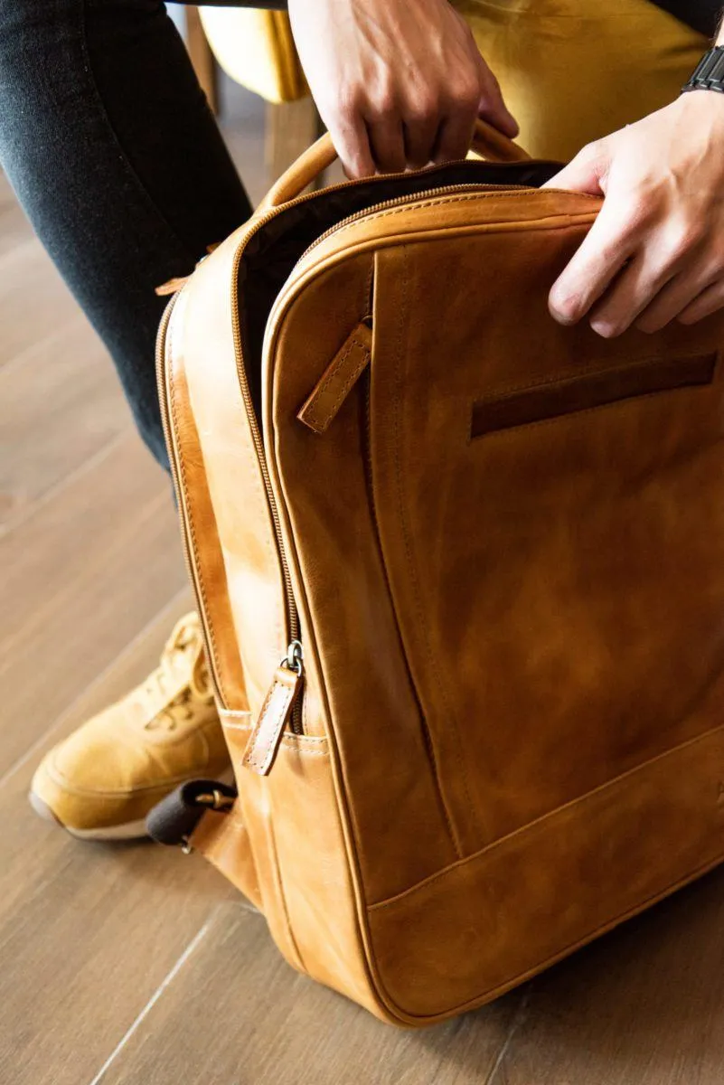 Double compartment backpack  in Cognac Leather