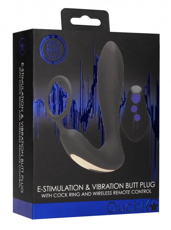 E-Stimulation and Vibration Butt Plug With  Ring and Wireless Remote Control - Black
