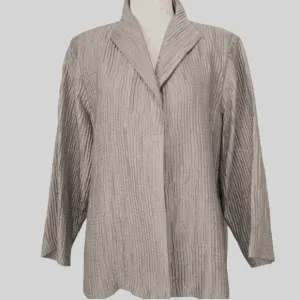 Eileen Fisher Beige Crepe Textured Silk Stand-Collar Open Front Boxy Jacket